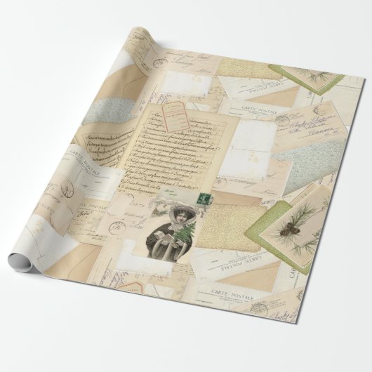 ヴィンテージフランスのクリスマスポストカードコラージュ ラッピングペーパー (アンロールド)