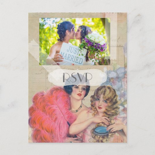 ヴィンテージフランスのゲイレズビアン結婚式RSVPと写真 インビテーションポストカード (正面)