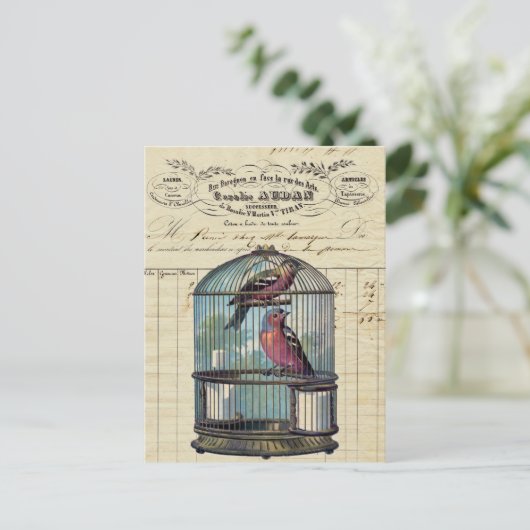 ヴィンテージフランスのシックビクトリアンバードケージラブバード ポストカード (スタンド正面)