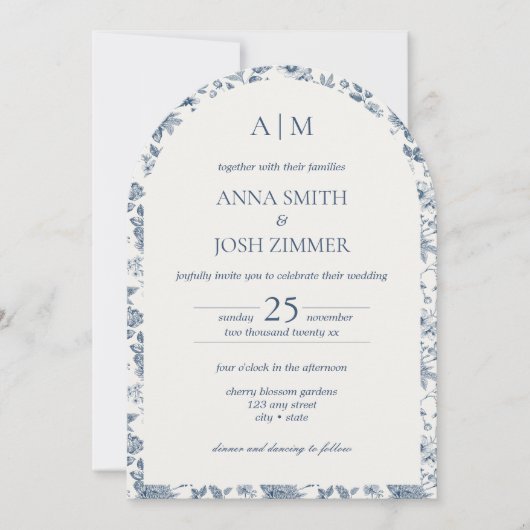 ヴィンテージフランスのシノイスリーブルーフローラ結婚ズ 招待状 (正面)