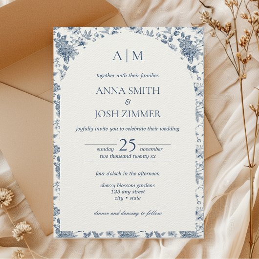 ヴィンテージフランスのシノイスリーブルーフローラ結婚ズ 招待状
