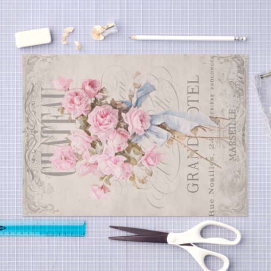 ヴィンテージフランスのシャトーグランドホテルピンク花模様 薄葉紙 (クラフト)