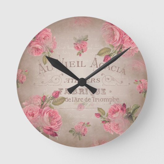 ヴィンテージフランスのシャビーシックバラピンクフローラ ラウンド壁時計 (正面)