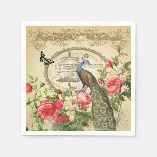 ヴィンテージフランスのシャビーシックピーコック スタンダードカクテルナプキン (正面)