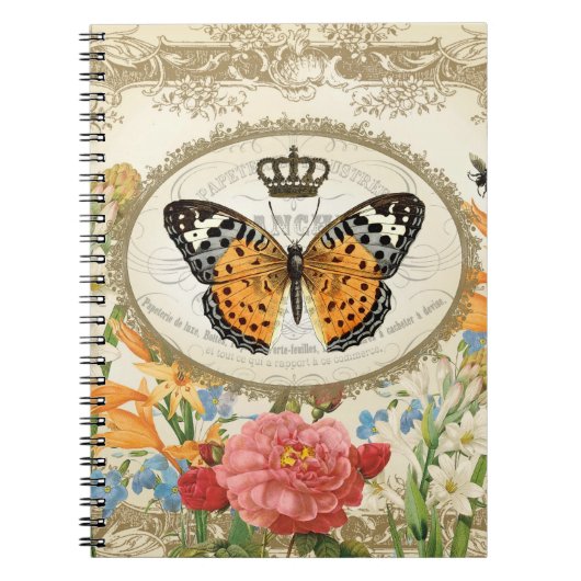 ヴィンテージフランスのシャビーシック蝶メモ帳 ノートブック (正面)