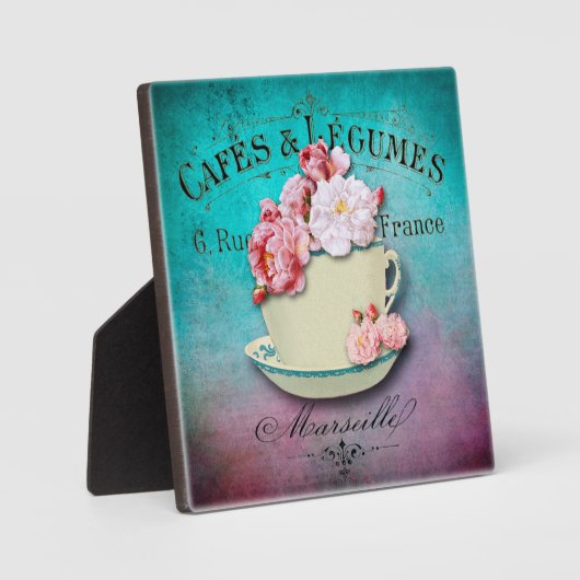 ヴィンテージフランスのシャビーフローラカフェ標識 フォトプラーク (正面)