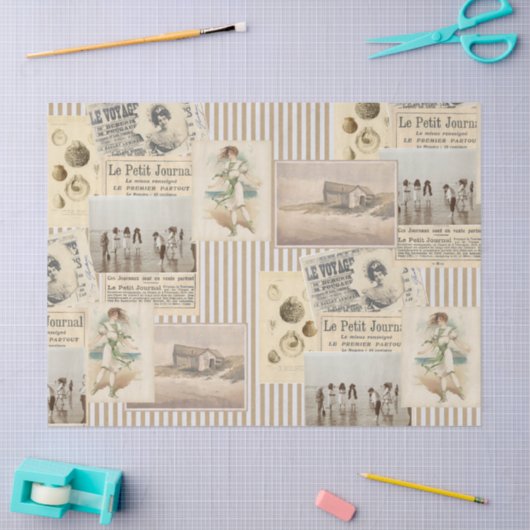 ヴィンテージフランスのシーサイドコラージデクペストライプージ 薄葉紙 (クラフト)