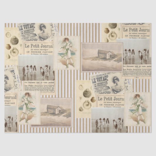 ヴィンテージフランスのシーサイドコラージデクペストライプージ 薄葉紙 (正面)