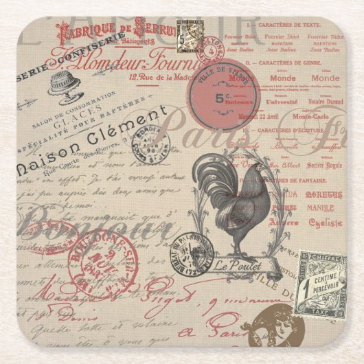 ヴィンテージフランスのス書パリスルースタータイポグラフィ スクエアペーパーコースター (正面)