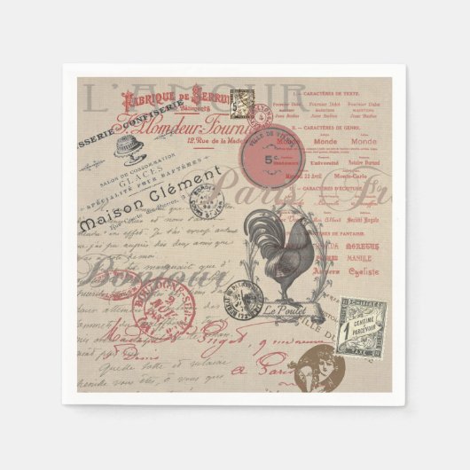 ヴィンテージフランスのス書パリスルースタータイポグラフィ スタンダードカクテルナプキン (正面)