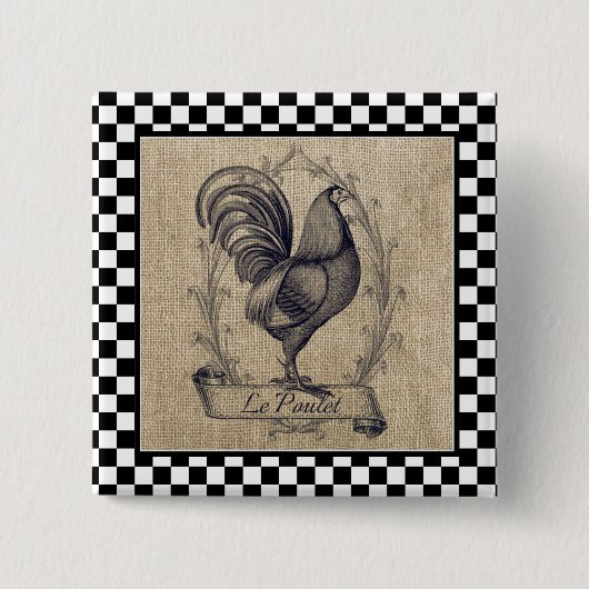 ヴィンテージフランスのチキンオンチェッカーボード 缶バッジ (正面)