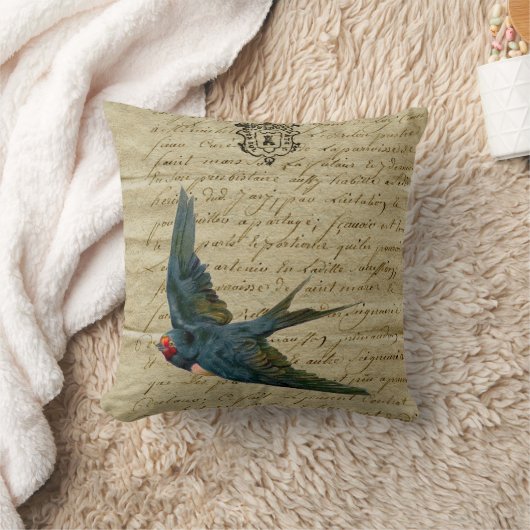 ヴィンテージフランスのチックバードプリント飛んでいるツバメ クッション (ブランケット)