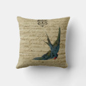 ヴィンテージフランスのチックバードプリント飛んでいるツバメ クッション (裏面)