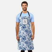 ヴィンテージフランスのトイルドゥジュイモノグラムネイビーブルー エプロン (着用した状態)