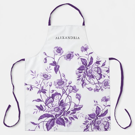 ヴィンテージフランスのトイルパープルフローラブライダルシャワー エプロン (正面)