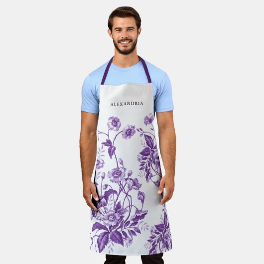 ヴィンテージフランスのトイルパープルフローラブライダルシャワー エプロン (着用した状態)