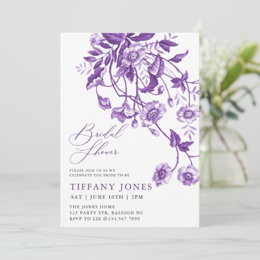 ヴィンテージフランスのトイルパープルフローラブライダルシャワー 招待状 (スタンド正面)