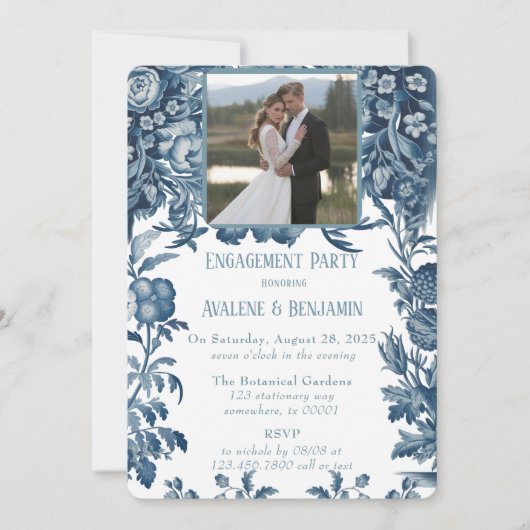ヴィンテージフランスのトイルフローラ写真婚約パーティ 招待状 (正面)