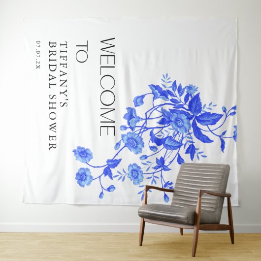 ヴィンテージフランスのトイルブルーフローラブライダルシャワー タペストリー (インサイチュ(横))