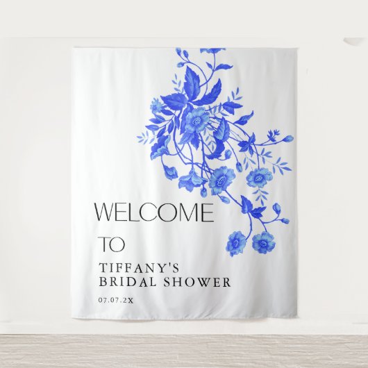 ヴィンテージフランスのトイルブルーフローラブライダルシャワー タペストリー (正面)