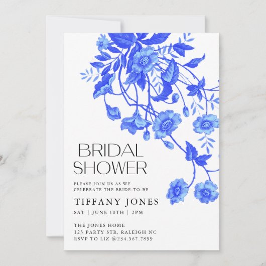 ヴィンテージフランスのトイルブルーフローラブライダルシャワー 招待状 (正面)