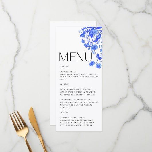 ヴィンテージフランスのトワールフローラブルーブライダルシャワー メニュー (正面/裏面インサイチュ)