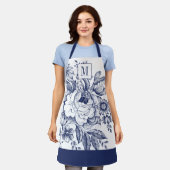 ヴィンテージフランスのハウスピオニーモノグラムネイビーブルー エプロン (着用した状態)