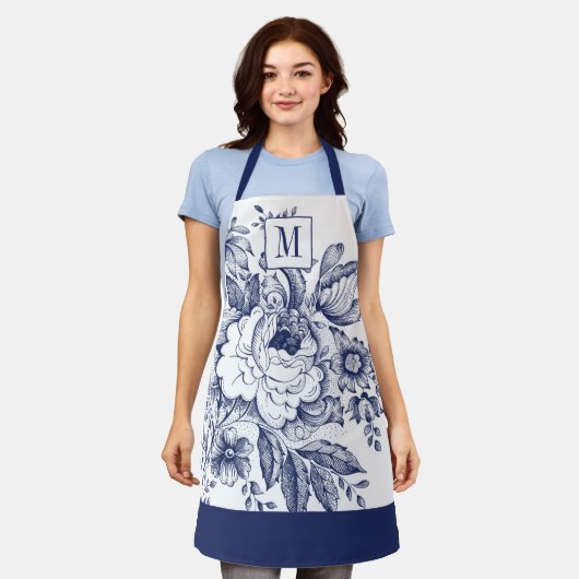 ヴィンテージフランスのハウスピオニーモノグラムネイビーブルー エプロン (着用した状態)