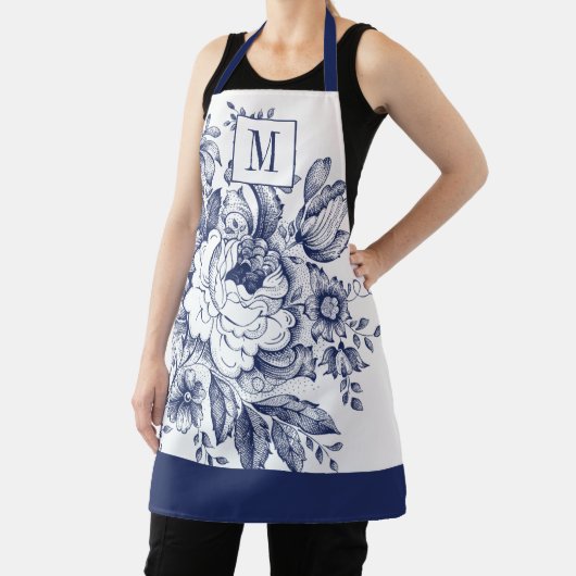 ヴィンテージフランスのハウスピオニーモノグラムネイビーブルー エプロン (インサイチュ)