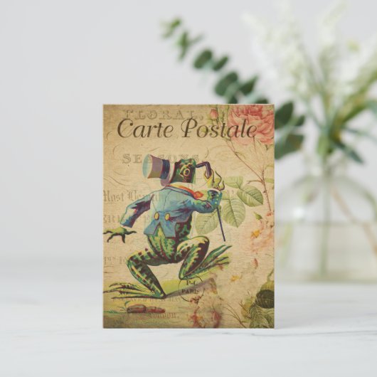 ヴィンテージフランスのハガキ、レトロカエルTop hat ポストカード (スタンド正面)