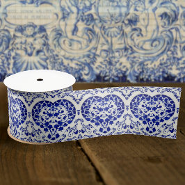 ヴィンテージフランスのハート – 青と白のアンティーク サテンリボン