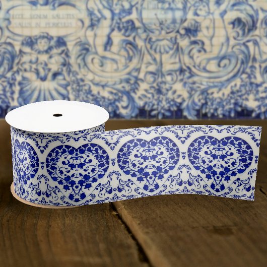 ヴィンテージフランスのハート – 青と白のアンティーク サテンリボン