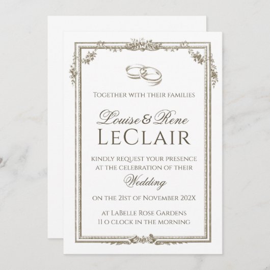 ヴィンテージフランスのバラフレームエレガントなウェディングリングや輪 招待状 (正面/裏面)