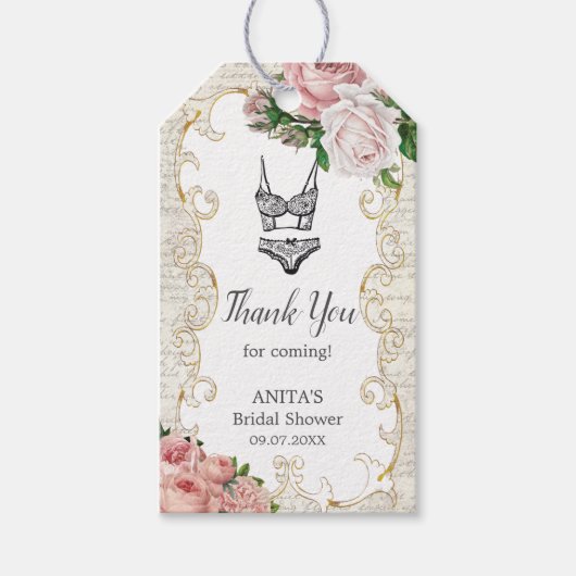 ヴィンテージフランスのバラランジェリーブライダルシャワー ギフトタグ (正面)