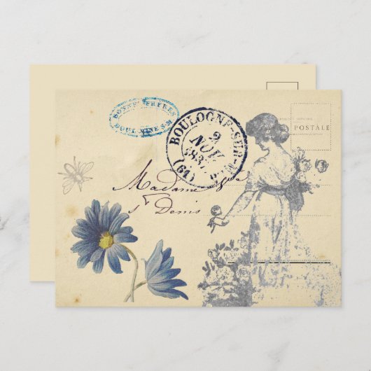 ヴィンテージフランスのバラレディービーフラワーポストマーク ポストカード (正面/裏面)