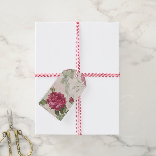 ヴィンテージフランスのバラ、アンティークレッドエフェメラギフトラベル ギフトタグ (より糸付き)