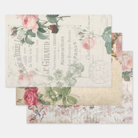 ヴィンテージフランスのバラ ラッピングペーパーシート (セット)