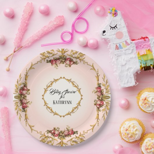 ヴィンテージフランスのバロック巻物の赤ちゃんシャワーバラ ペーパープレート (パーティー)