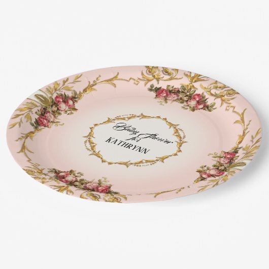 ヴィンテージフランスのバロック巻物の赤ちゃんシャワーバラ ペーパープレート (アングル)