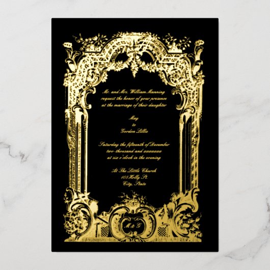 ヴィンテージフランスのバロック結婚ロココ 箔招待状 (正面)