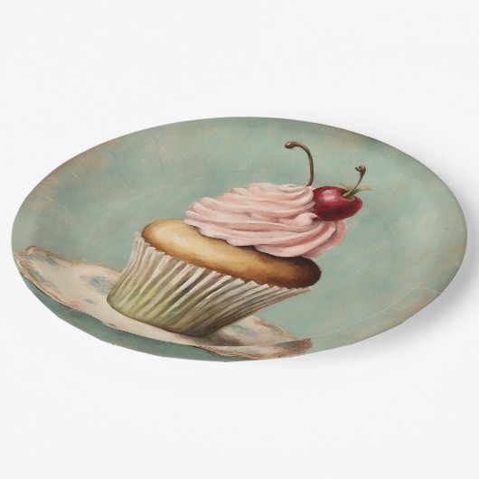 ヴィンテージフランスのピンクカップケーキ誕生日ティーパーティー ペーパープレート (アングル)