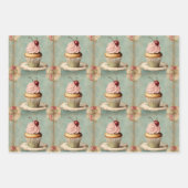 ヴィンテージフランスのピンクカップケーキ誕生日ティーパーティー ラッピングペーパーシート (正面3)