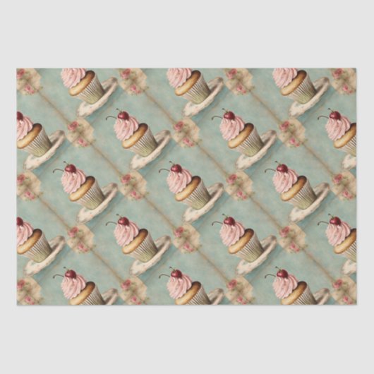 ヴィンテージフランスのピンクカップケーキ誕生日ティーパーティー 薄葉紙 (正面)