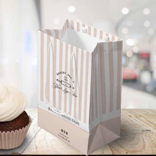 ヴィンテージフランスのピンクストライプベーカリーロゴビジネス ミディアムペーパーバッグ