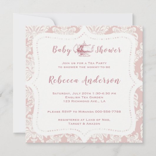 ヴィンテージフランスのピンクダマスクベビーシャワーティーパーティー 招待状 (正面)