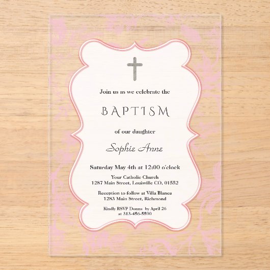 ヴィンテージフランスのピンクトイレフラワーズガールバプテスマ アクリル招待状 (正面)