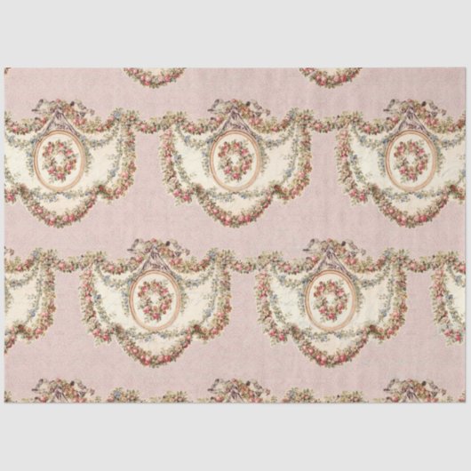 ヴィンテージフランスのピンクローズフローラガーランドデクページ 薄葉紙 (正面)