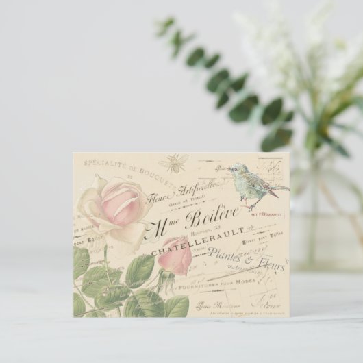 ヴィンテージフランスのピンクローズブルーバードビーコラージュ ポストカード (スタンド正面)