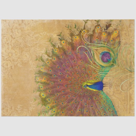 ヴィンテージフランスのピーコックフェザー金ゴールドフローラダマスク 薄葉紙 (正面)