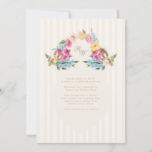 ヴィンテージフランスのフローラクレストブライダルシャワー 招待状 (裏面)